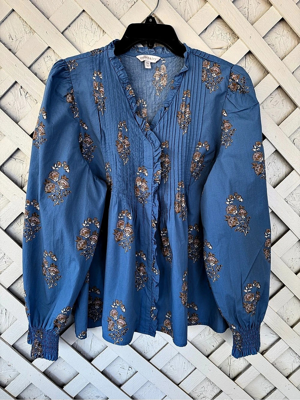Crown & Ivy Pin tuck Floral Long Sleeve Blouse in Blue Peasant Boho XXL